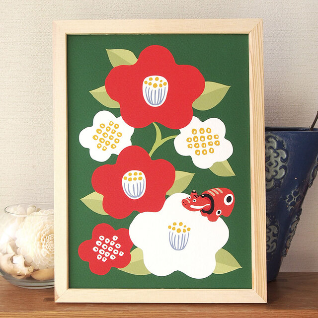 L判〜A3size【椿と赤べこ】ポスター | iichi 日々の暮らしを心地よく