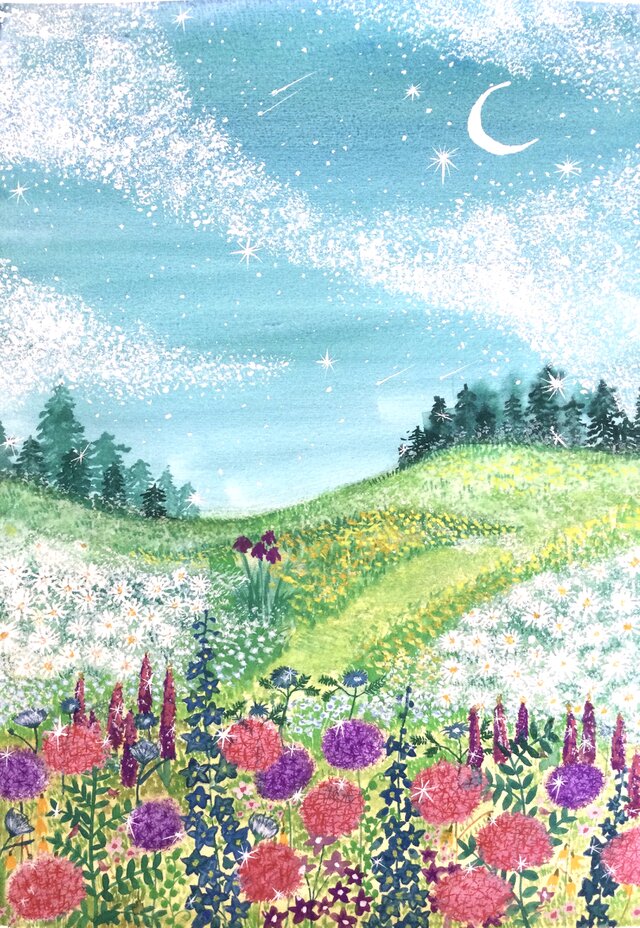 煌めく夜空と花畑 原画 アクリル 水彩 お部屋、玄関、寝室など飾って