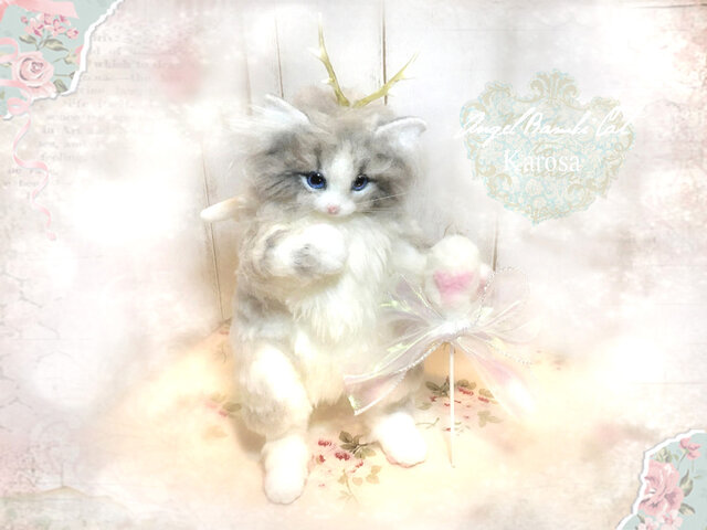 エンジェル バンビキャット 全身可動 猫 幻獣 角 羊毛フェルト アート