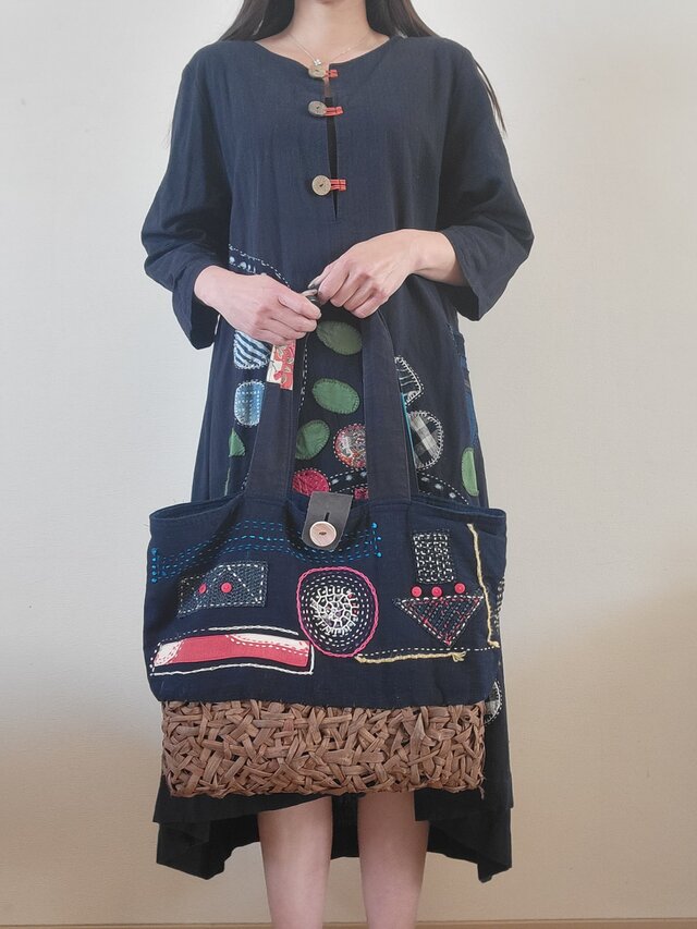 古布 手作り 国産山葡萄 底籠バック 古布 藍染 刺し子 | iichi 日々の