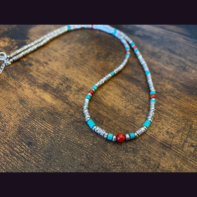 カレンシルバー&ターコイズ&赤珊瑚(染)ネックレス 純銀 約45cm | iichi