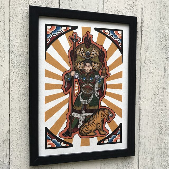 尾九 開運イラスト 七福神 毘沙門天 A4サイズ フレーム付き | iichi