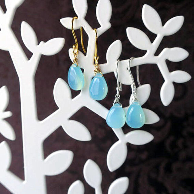 水色＊シーブルーカルセドニー＊ピアス＊しずく＊選べるタイプ K18gf