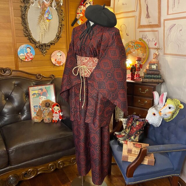 和洋折衷 古着 アンサンブル 村山大島紬着物 ハンドメイド リメイク