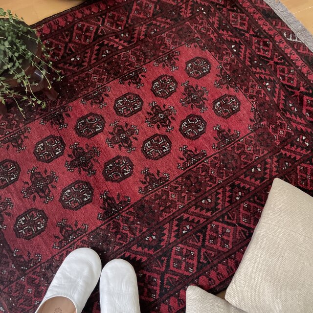 99×152 渋め 深みある赤 艶やか トライバル トルコヴィンテージラグ