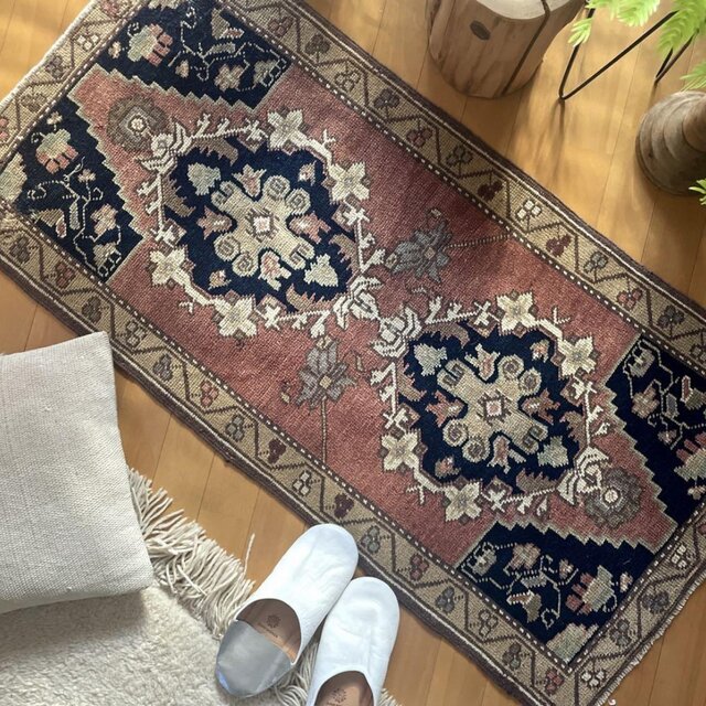 99×212青空色オーバーダイ ワンカラー ブルートルコヴィンテージラグ