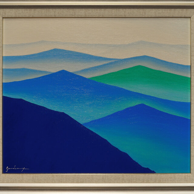 肉筆油絵◇『青のやまなみ』◇がんどうあつし真作直筆絵画F8号シルバー