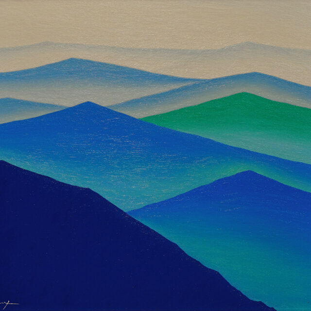 肉筆油絵◇『青のやまなみ』◇がんどうあつし真作直筆絵画F8号シルバー