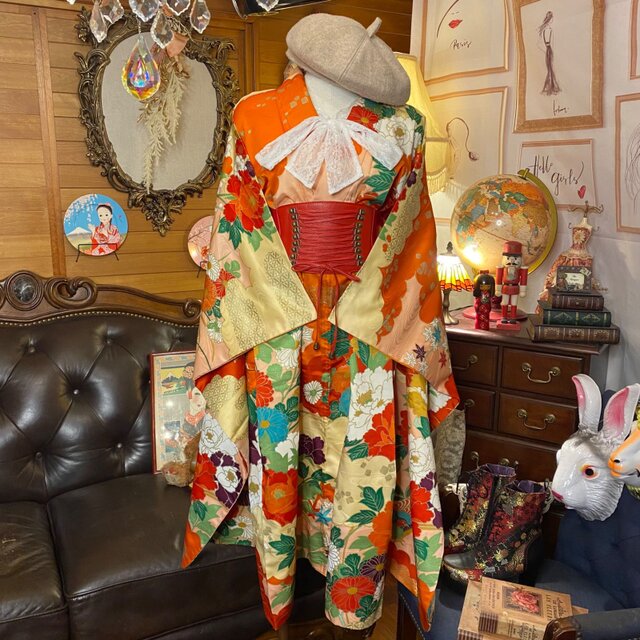 和洋折衷 古着 振袖 着物 和 ハンドメイド リメイク ワンピース ドレス