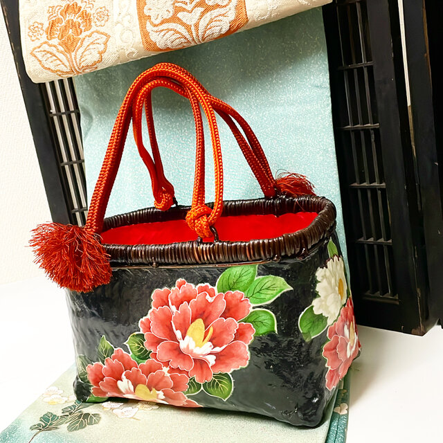 梅と猫 一閑張り バッグ かごバッグ ハンドバッグ 和猫 浮世絵 和柄