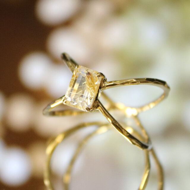 ゴールデンルチルクォーツ クロス リング】 誕生石 オクタゴンカット 7