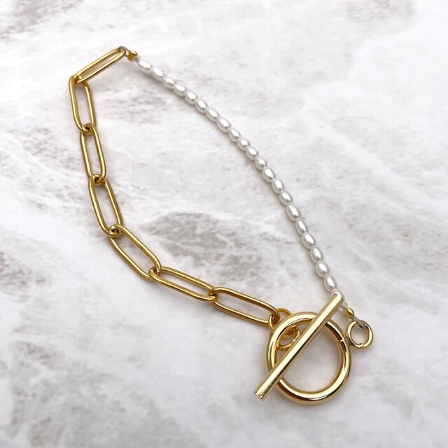 極小バロック淡水パール 18KGP マンテル ブレスレット 真珠 316L 金属