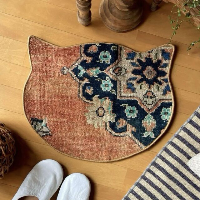 猫ラグ 40×50 夕焼けオレンジ ネイビー トルコヴィンテージラグ