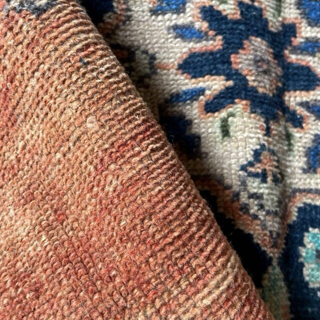 猫ラグ 40×50 夕焼けオレンジ ネイビー トルコヴィンテージラグ