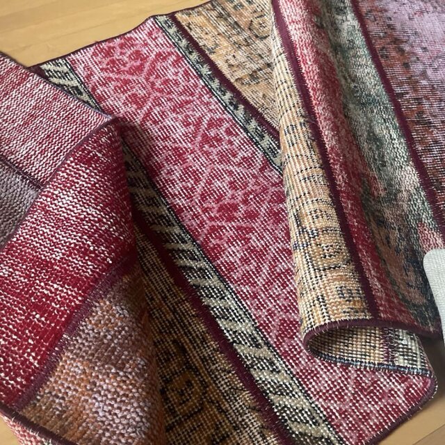 62.5×142 パッチワークラグ ボルドーステッチ トルコヴィンテージラグ