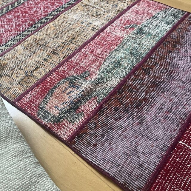 62.5×142 パッチワークラグ ボルドーステッチ トルコヴィンテージラグ