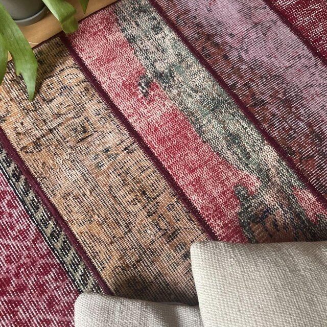 62.5×142 パッチワークラグ ボルドーステッチ トルコヴィンテージラグ