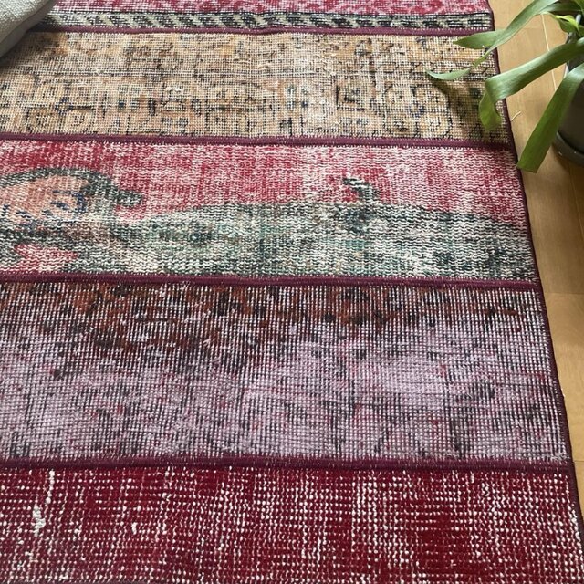 62.5×142 パッチワークラグ ボルドーステッチ トルコヴィンテージラグ