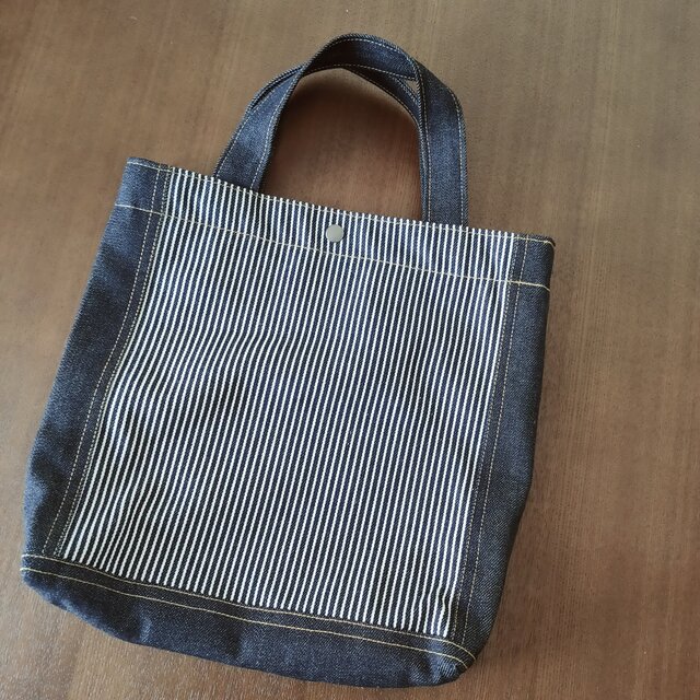 ㊸ トートバッグ ☆ リメイク 岡山デニム ヒッコリー ハンドバッグ