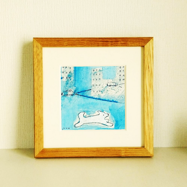 イラスト 原画「都会の夜」※木製額縁入り(18㎝角）インテリアアート