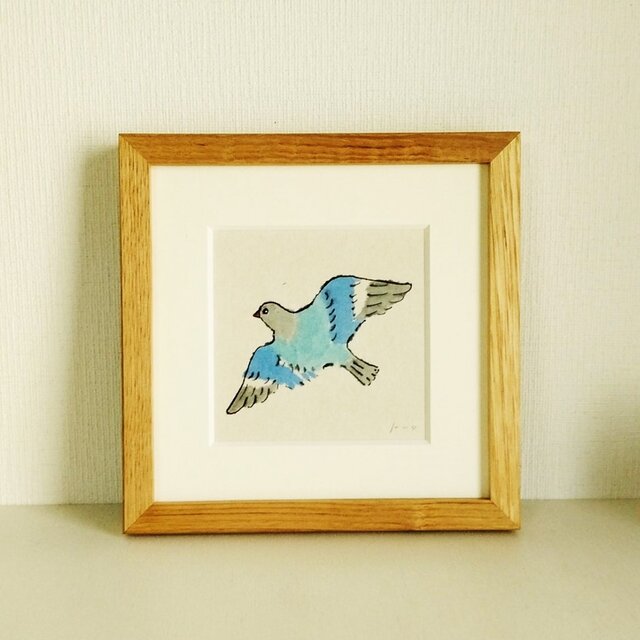 青い鳥/ドローイング」原画 ※木製額縁入り（18㎝角）一点物 水彩
