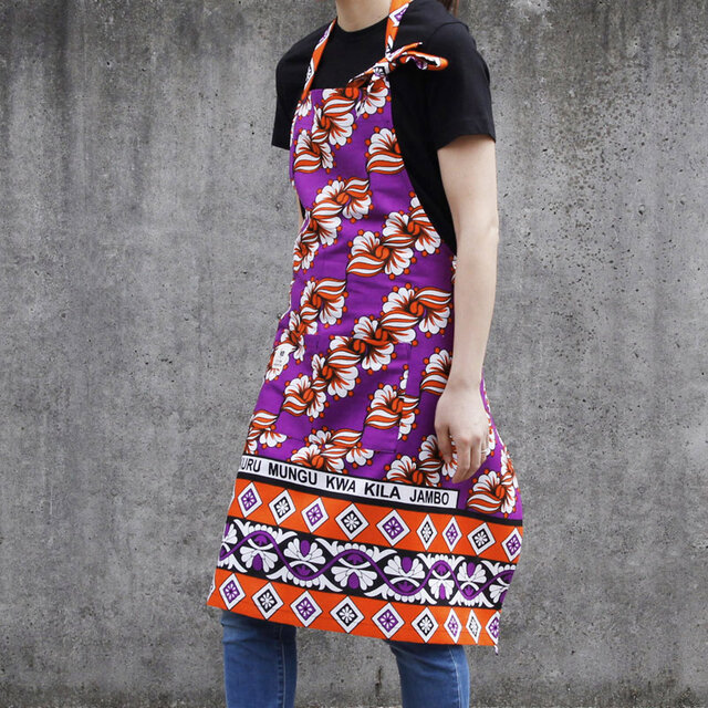 カンガのエプロン（ブルー × サークル）アフリカ布 アフリカンプリント