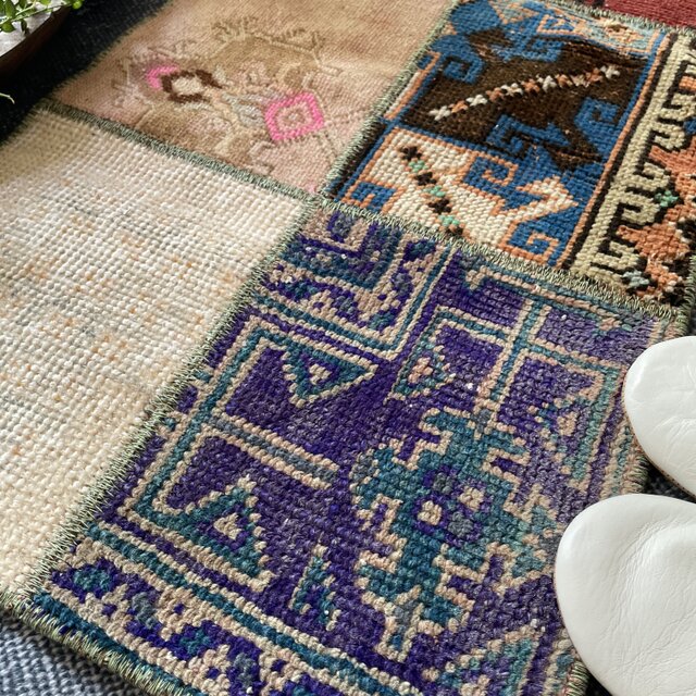 トルコヴィンテージラグ パッチワークラグ 46×87 グリーンブラウン