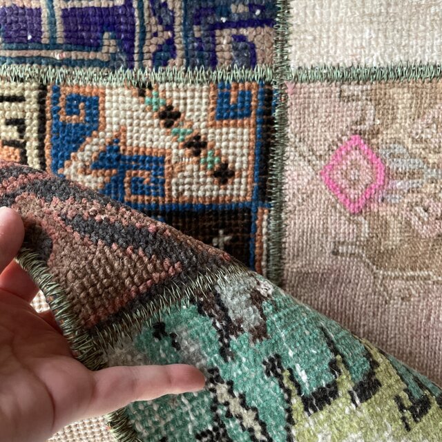 トルコヴィンテージラグ パッチワークラグ 46×87 グリーンブラウン