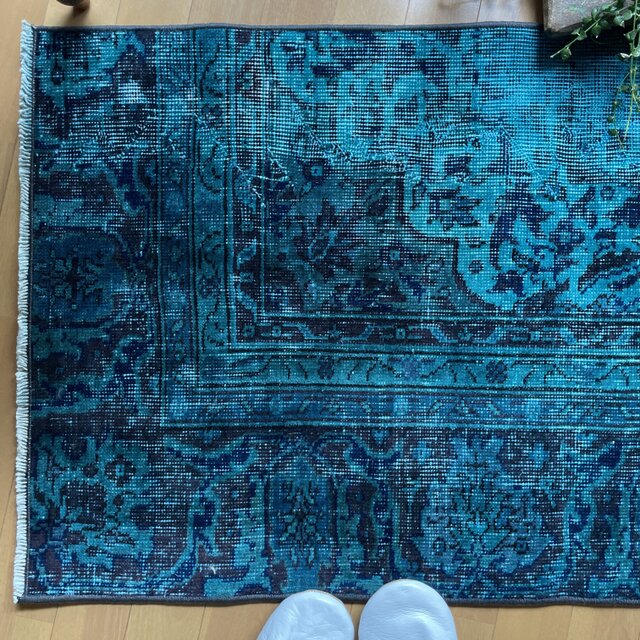 トルコヴィンテージラグ ブルーグリーン 61×117 オーバーダイ 神秘的