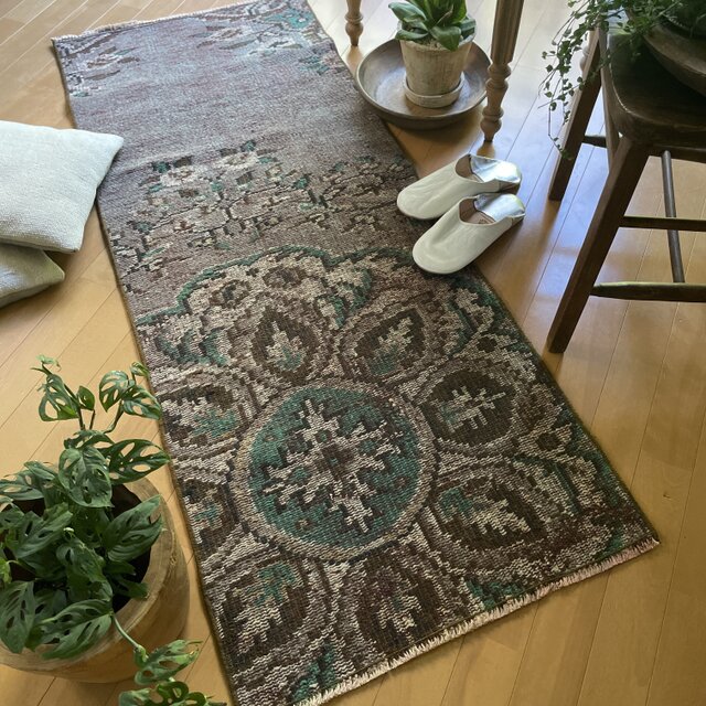 トルコヴィンテージラグ ブラウン×グリーン グレー×レッド ランナー