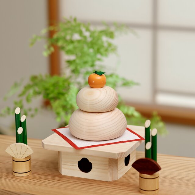 鏡餅 木製 かがみもち 大サイズ 三宝付き 無垢材 門松 お正月 | iichi