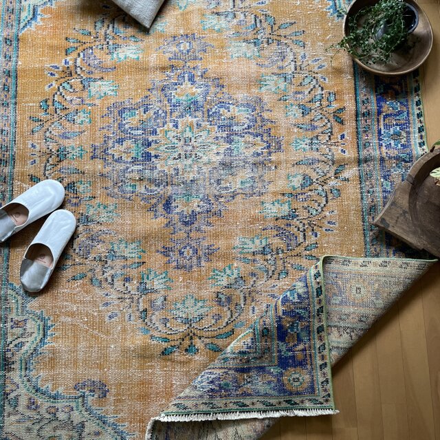 くすみオレンジ41×70 メダリオンくすみグリーントルコヴィンテージラグ