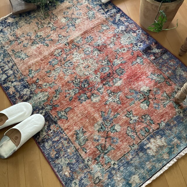 大判160×257 擦れシャビー 色むら メダリオン トルコヴィンテージラグ