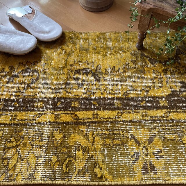 トルコヴィンテージラグ 51×99 ひまわりイエロー ブラウン ボタニカル