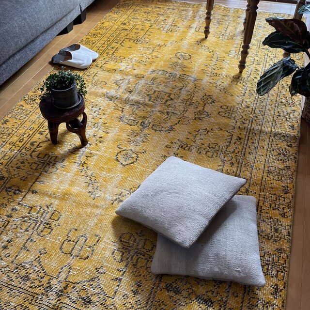 トルコヴィンテージラグ A77 レア イエロー グリーン オーバーダイラグ