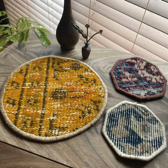トルコヴィンテージラグ 3枚セット オレンジイエロー コースター 鍋敷