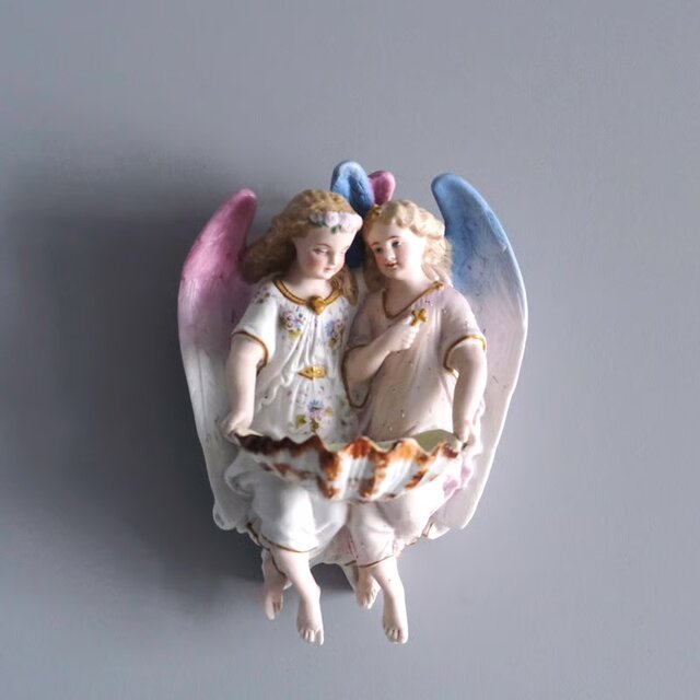 ベニティエ 聖水盤 二人 天使 ビスク ポリクローム 彩色 h24cm