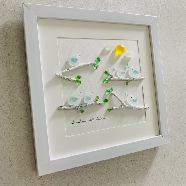 シーグラスアート 海の宝石 小鳥の家族 風景画 インテリア雑貨 観葉