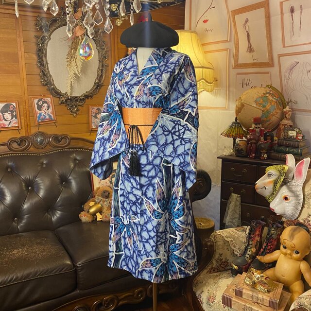 浴衣リメイク ワンピース／ドレス／帯ベルト 和洋折衷 群青から薄藍へ