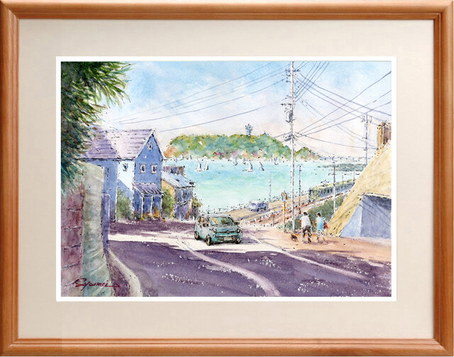 水彩画原画 緑の江の島と七里ガ浜2 ＃679 | iichi 日々の暮らしを