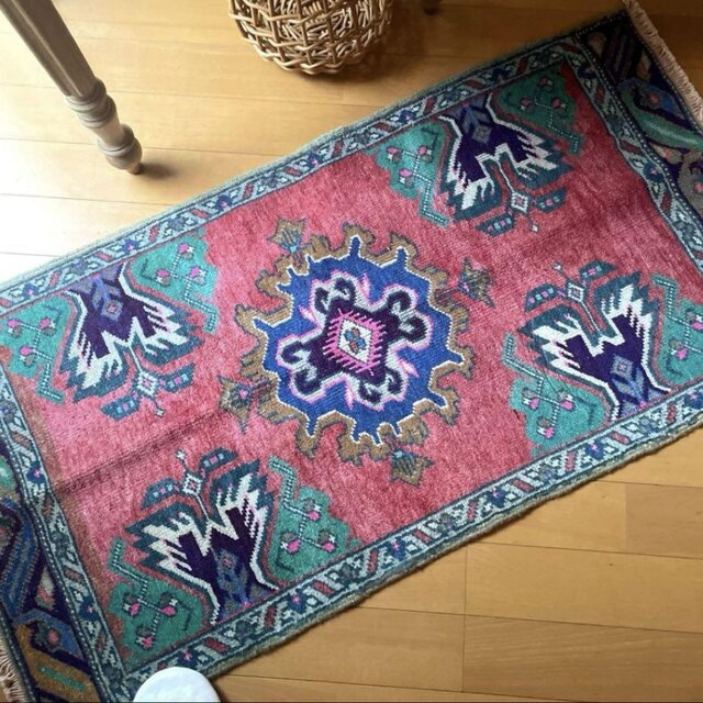 51×101 コーラルピンク レアなウール メダリオン トルコヴィンテージ