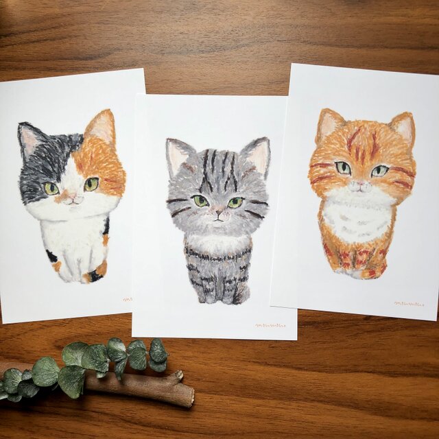 3匹の猫 (ポストカード3枚入り) クレパス画 | iichi 日々の暮らしを