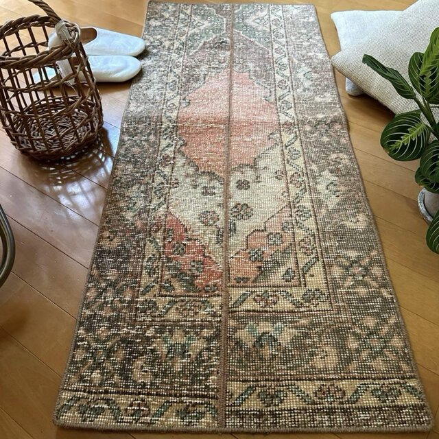 50×119パッチワーク 淡いサーモン×グレージュ トルコヴィンテージラグ