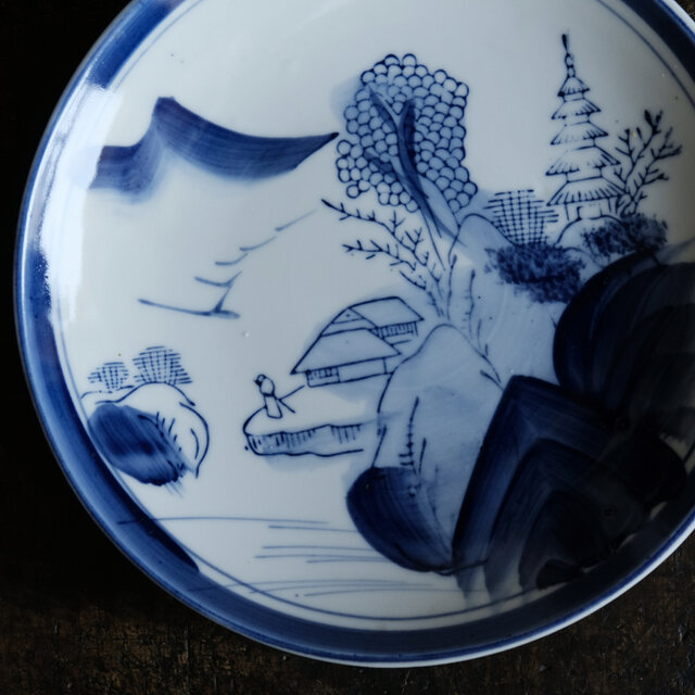 770『染付 山水楼閣 皿』萬暦 /骨董品 古美術 アンティーク 古玩 770