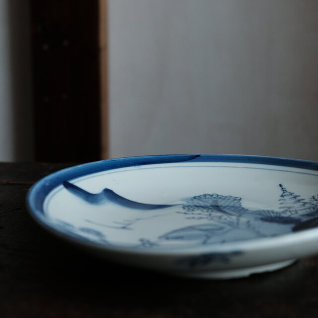 770『染付 山水楼閣 皿』萬暦 /骨董品 古美術 アンティーク 古玩 770