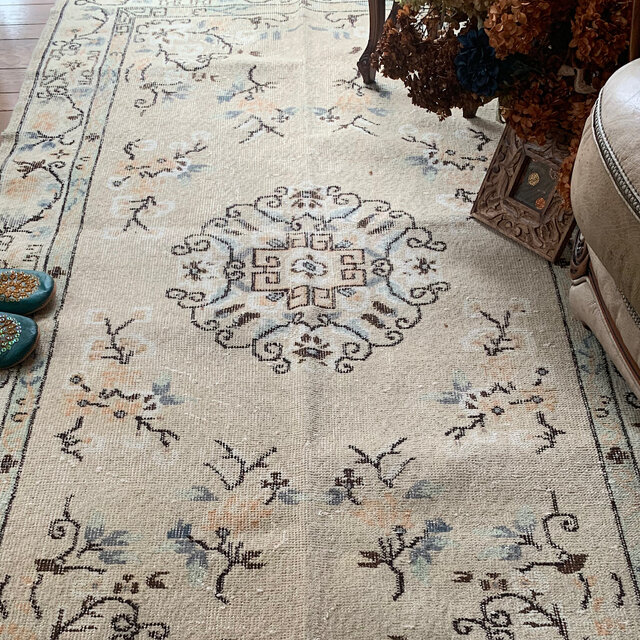 シノワズリ218×117 トルコヴィンテージラグ ベージュ オレンジ