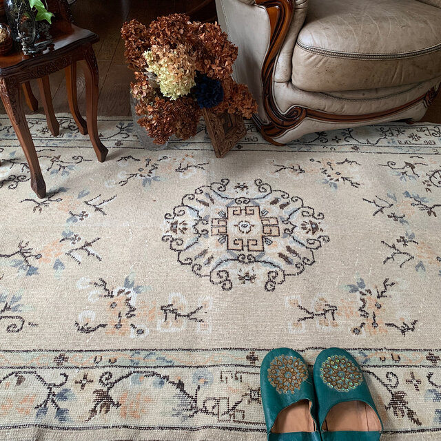 シノワズリ218×117 トルコヴィンテージラグ ベージュ オレンジ