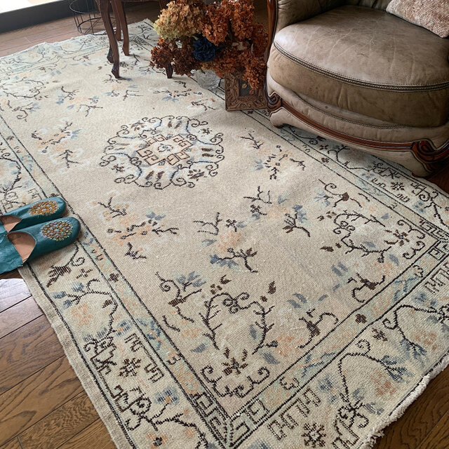 シノワズリ218×117 トルコヴィンテージラグ ベージュ オレンジ