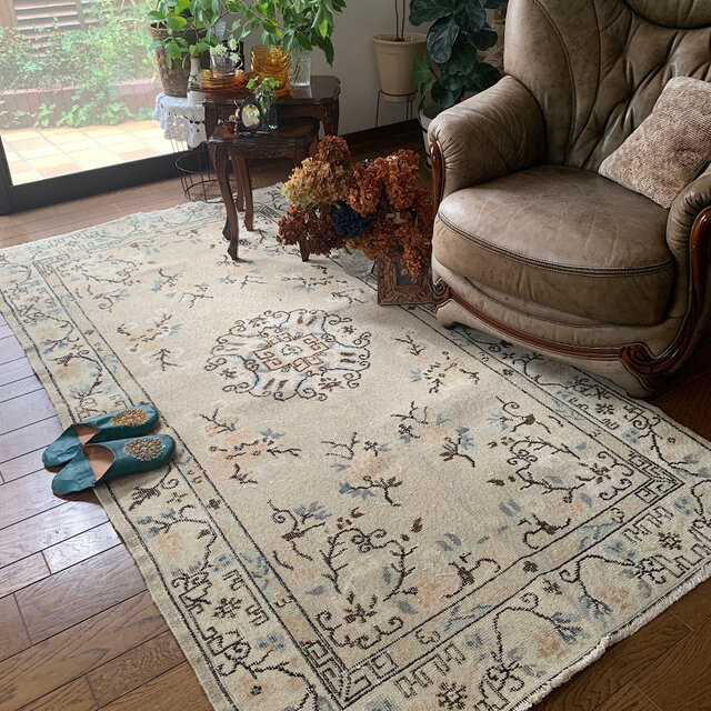 シノワズリ218×117 トルコヴィンテージラグ ベージュ オレンジ