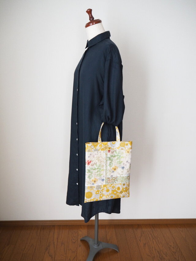 リバティ ラミネートA4縦長パッチワークバッグ イエロー系 | iichi